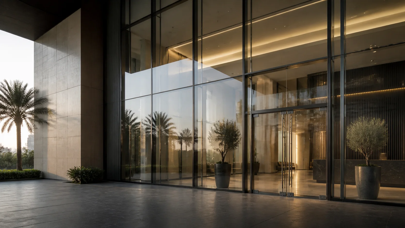 AI-generated commercial glass façade and frameless entrance concept