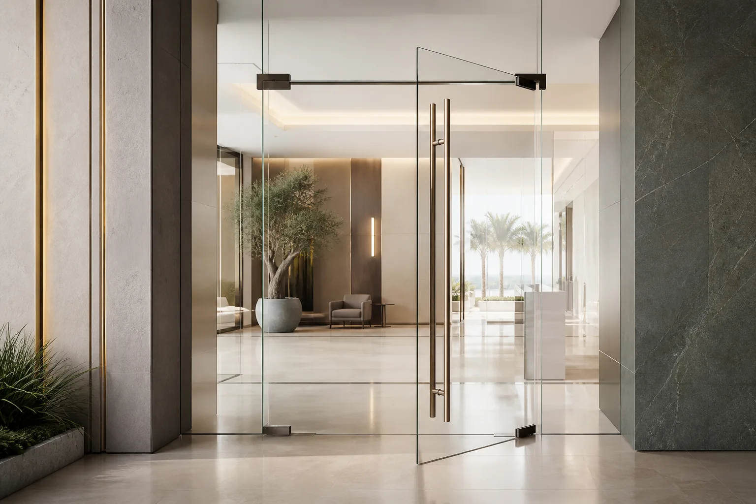 Generated premium frameless glass entrance door showing precision hardware and installation